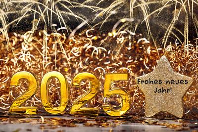 Bavaria, Germany - December 10, 2024: Happy New Year 2025! Golden year 2025 and the New Year s greeting: Happy New Year!-stock-photo