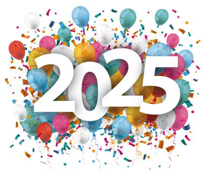 2025 Balloons Confetti 2025 with colored confetti on the white background.-stock-photo