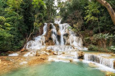 Kuang Si Waterfalls Turquoise Water Pools-stock-photo