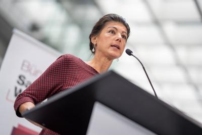 Deutscher Bundestag - Pressestatement zu Beginn der Haushaltswoche im September 2024 - Pressestatement von Sahra Wagenkn-stock-foto