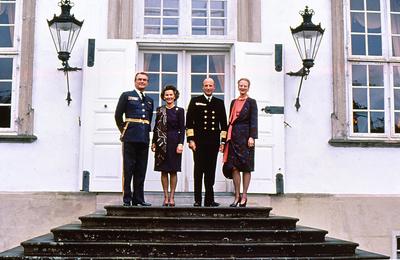 King harald and queen sonja of norway with queen margrethe and prince hernik of denmark at summer palace fredensborg city in Denmark.-stock-photo