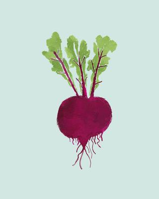 illustration of a single beetroot with lush green leaves and prominent roots on a pastel pink background, representing f-stock-photo