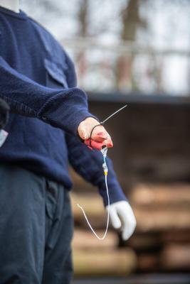 Die Feuerwehr Hamburg zeigt, wie gef?hrlich illegales Feuerwerk sein kann. Anhand einer Schweinepfote, die einer menschl-stock-photo