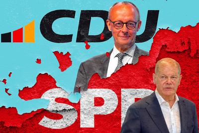 Bavaria, Germany - October 14, 2024: Caricature, Federal Chancellor Olaf Scholz in front of broken SPD logo, next to fed-stock-foto