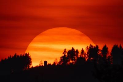 Sonnenuntergang Die Sonne geht hinter dem Taunuskamm unter. Frankfurt Hessen Deutschland *** Sunset The sun sets behind-stock-foto