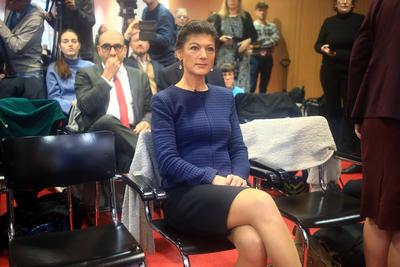 Vorstellung der Kampagne zur Bundestagswahl mit Sahra Wagenknecht-stock-photo