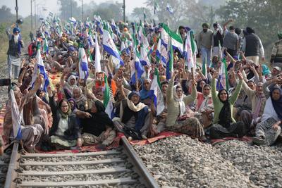 Farmers stop railway traffic in Punjab, India-stock-photo
