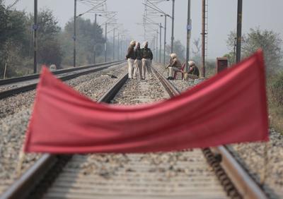 Farmers stop railway traffic in Punjab, India-stock-photo