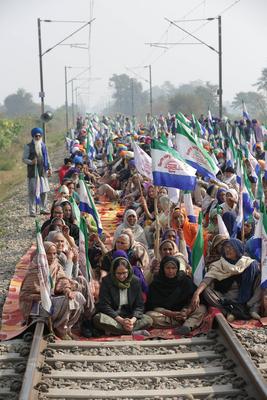Farmers stop railway traffic in Punjab, India-stock-photo