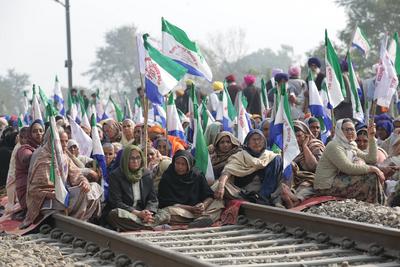 Farmers stop railway traffic in Punjab, India-stock-photo