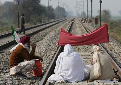 Farmers stop railway traffic in Punjab, India-stock-photo