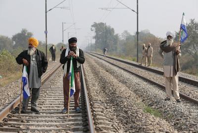 Farmers stop railway traffic in Punjab, India-stock-photo