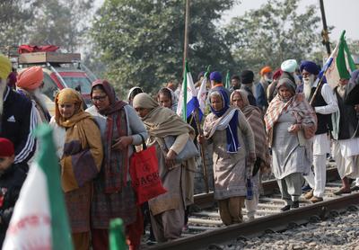 Farmers stop railway traffic in Punjab, India-stock-photo
