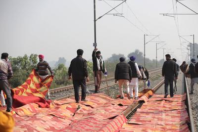 Farmers stop railway traffic in Punjab, India-stock-photo