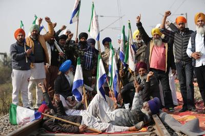 Farmers stop railway traffic in Punjab, India-stock-photo