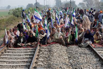 Farmers stop railway traffic in Punjab, India-stock-photo