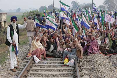 Farmers stop railway traffic in Punjab, India-stock-photo