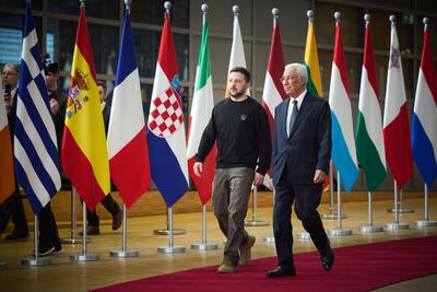 Praesident Wolodymyr Selenskyj  am 19.12.2024 beim EU Gipfel in Bruessel-stock-photo
