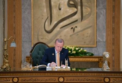 Turkish President Recep Tayyip Erdogan attends the 11th D8 Summit in the New Administrative Capital, Egypt-stock-foto
