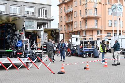 Croatia, Zagreb, 260424. Ban Josip Jelacic square. Filming of the film Momo produced by the German Westside Filmprodukti-stock-photo