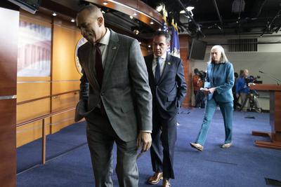 House Minority Leadership meeting on response to rejection of government spending bill-stock-photo