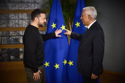 Praesident Wolodymyr Selenskyj  am 19.12.2024 beim EU Gipfel in Bruessel-stock-photo