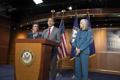 House Minority Leadership meeting on response to rejection of government spending bill-stock-photo