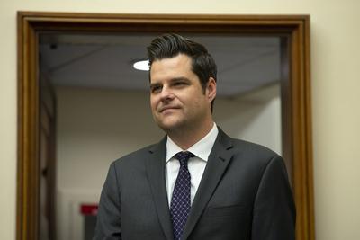 United States Representative Matt Gaetz (Republican of Florida) listens as Christopher Wray, Director, Federal Bureau of-stock-photo