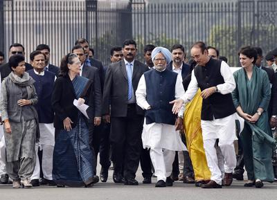 NEW DELHI, INDIA - FEBRUARY 27: A delegation from the Indian National Congress led by party President Sonia Gandhi and-stock-photo