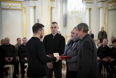 Ukrainian President Volodymyr Zelensky, awarded the soldiers with the highest state awards and handed-stock-photo