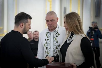 Ukrainian President Volodymyr Zelensky, awarded the soldiers with the highest state awards and handed-stock-photo