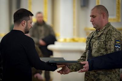 Ukrainian President Volodymyr Zelensky, awarded the soldiers with the highest state awards and handed-stock-photo