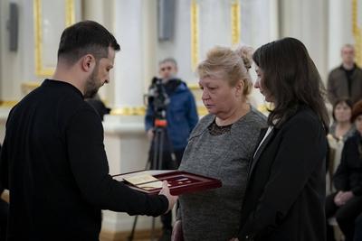 Ukrainian President Volodymyr Zelensky, awarded the soldiers with the highest state awards and handed-stock-photo