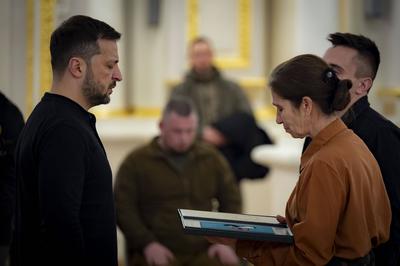 Ukrainian President Volodymyr Zelensky, awarded the soldiers with the highest state awards and handed-stock-photo