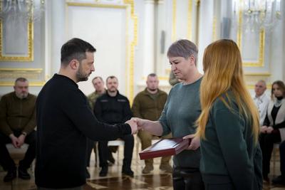 Ukrainian President Volodymyr Zelensky, awarded the soldiers with the highest state awards and handed-stock-photo