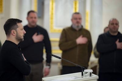 Ukrainian President Volodymyr Zelensky, awarded the soldiers with the highest state awards and handed-stock-photo