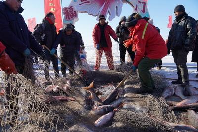 DAQING, CHINA - DECEMBER 27: People catch fish on the frozen Lianhuan Lake during a winter fishing event on December 27,-stock-foto