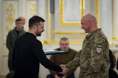 Ukrainian President Volodymyr Zelensky, awarded the soldiers with the highest state awards and handed-stock-photo