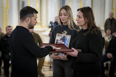 Ukrainian President Volodymyr Zelensky, awarded the soldiers with the highest state awards and handed-stock-photo