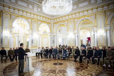 Ukrainian President Volodymyr Zelensky, awarded the soldiers with the highest state awards and handed-stock-photo