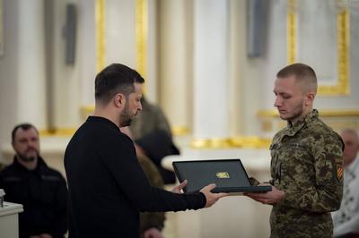 Ukrainian President Volodymyr Zelensky, awarded the soldiers with the highest state awards and handed-stock-photo