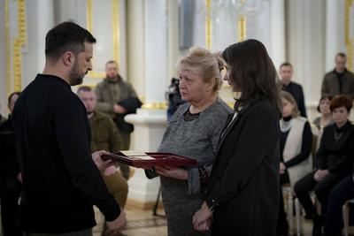 Ukrainian President Volodymyr Zelensky, awarded the soldiers with the highest state awards and handed-stock-photo
