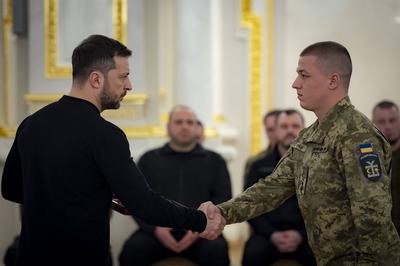 Ukrainian President Volodymyr Zelensky, awarded the soldiers with the highest state awards and handed-stock-photo