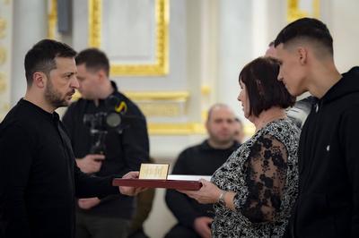 Ukrainian President Volodymyr Zelensky, awarded the soldiers with the highest state awards and handed-stock-photo
