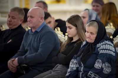 Ukrainian President Volodymyr Zelensky, awarded the soldiers with the highest state awards and handed-stock-photo