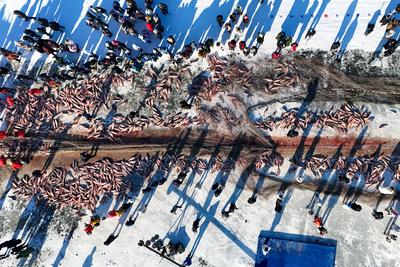 DAQING, CHINA - DECEMBER 27: Aerial view of people catching fish on the frozen Lianhuan Lake during a winter fishing eve-stock-foto