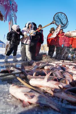 DAQING, CHINA - DECEMBER 27: People catch fish on the frozen Lianhuan Lake during a winter fishing event on December 27,-stock-foto