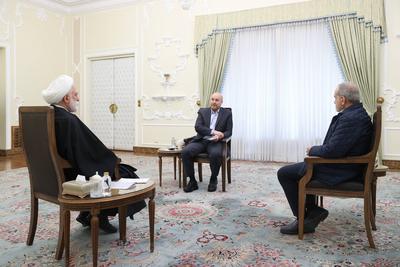 Iranian President Masoud Pezeshkian, meet with parliament speaker, judiciary chief, Tehran-stock-photo