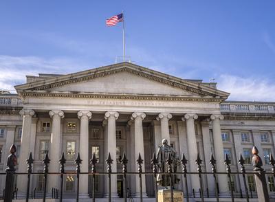 Washington: Das US-Finanzministerium - die Staatsschulden steigen. Blick auf das Geb?ude des US-Finanzministeriums in Wa-stock-photo