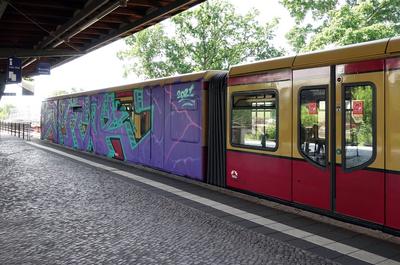11.06.2021, Berlin, GER - Graffiti an einem S-Bahnwaggon. (Alltag, aussen, Aussenaufnahme, Bahn, Befoerderung, bekritzel-stock-photo